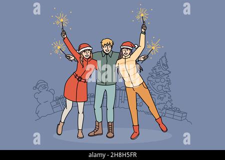 Des amis débordant de joie se détendent en plein air avec des lumières célébrant le nouvel an ensemble.Les jeunes souriants s'amusent les vacances d'hiver de Noël.Fête, vacances.Illustration vectorielle. Illustration de Vecteur