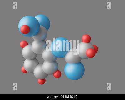 Modèle abstrait tridimensionnel de la molécule d'acide acétylsalicylique sur fond gris.Rendu 3D.Atomes de carbone gris, oxygène bleu et hydro rouge Banque D'Images