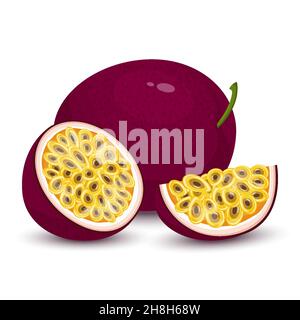 Fruit de la passion.Fruit de la passion entière, tranches et une moitié de maracuya isolé sur fond blanc.frais lumineux exotique coupe tranche fruit de la passion.Bande dessinée St Illustration de Vecteur