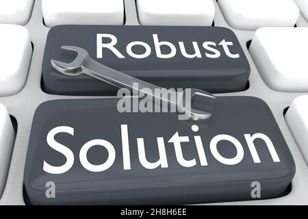 Illustration 3D du clavier d'ordinateur avec le script Robust solution sur deux boutons adjacents bleu foncé, avec une clé placée sur ces deux boutons. Banque D'Images