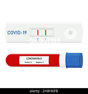 Test Express Covid-19, test rapide Covid-19 et tube de test sanguin in vitro.Recherche en laboratoire.Résultat positif du test d'infection par le coronavirus, à plat Illustration de Vecteur