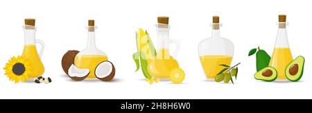 Un jeu de flacons en verre avec différentes huiles.Huiles d'olive, de tournesol, de maïs, de noix de coco et d'avocat.Conception plate, vecteur Illustration de Vecteur