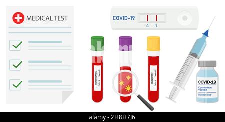 Test COVID-19, formulaire de résultats positifs.Tubes avec échantillon de sang et test rapide.Flacon de vaccin avec seringue.Concept de test rapide du coronavirus.Vect Illustration de Vecteur
