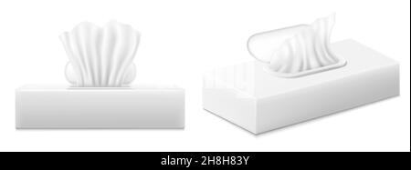 Boîtes à serviettes.Lot d'étiquettes vierges pour boîte de serviettes de table en tissu blanc et aucun texte pour l'emballage modèle isolé sur du blanc.Essuie-tout et lingettes humides antibactériennes Illustration de Vecteur