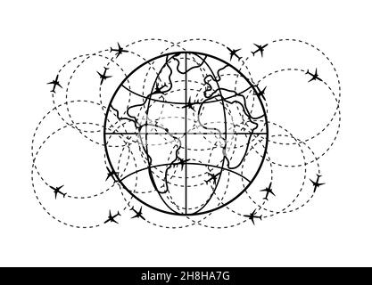 Ligne pointillée de l'itinéraire de l'avion autour de la planète Terre.Tourisme et voyages.Illustration vectorielle. Illustration de Vecteur