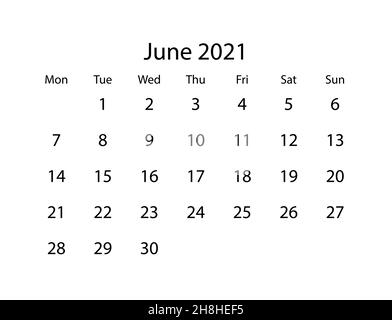 Calendrier vectoriel pour le mois de juin 2021 sur fond blanc Illustration de Vecteur