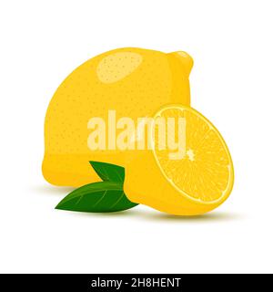 Citron isolé sur fond blanc.Fruits de citron entiers et moitié avec des feuilles.Style dessin animé, conception plate. Illustration de Vecteur