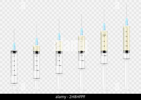 Un jeu de seringues médicales.La seringue d'injection est vide et remplie de liquide.Un jeu de seringues en plastique jetables de différentes tailles pour subcutaneo Illustration de Vecteur