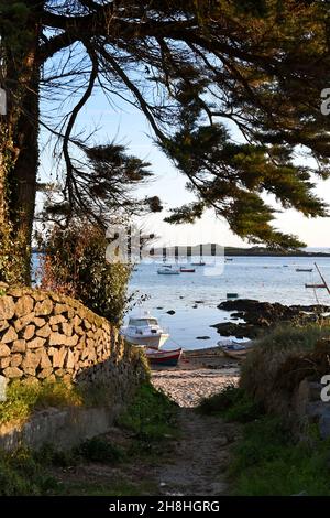 France, Manche, îles Chausey, bateaux à ancre dans le détroit Banque D'Images