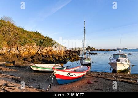 France, Manche, îles Chausey, bateaux mis à terre Banque D'Images