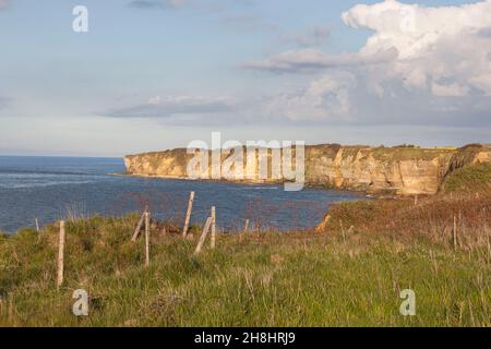 France, Calvados (14), Cricqueville-en-Bessin, Pointe du hoc, barbelés protégeant l'accès à une station de tir allemande datant du débarquement allié en Normandie en juin 1944 et d'une falaise ensoleillée en arrière-plan Banque D'Images