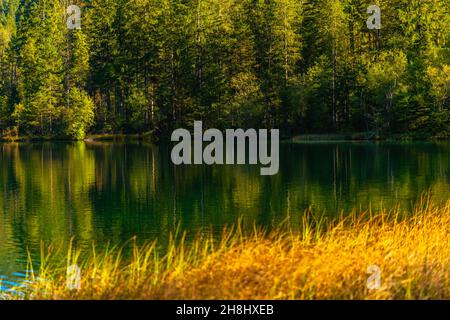 Lac Hintersee dans les Alpes bavaroises dans ses magnifiques couleurs d'automne, Ramsau près de Berchtesgaden, haute-Bavière, sud de l'Allemagne, Europe Banque D'Images