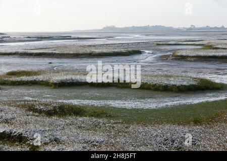 Réserve naturelle de Pagham Harbour vue recouverte d'une poussière de neige en novembre 2021. Banque D'Images