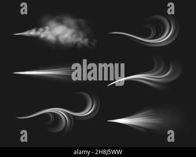Flux de vent.Effet 3D réaliste des flux d'air, différentes formes isolées sur fond noir, flux visibles brumisateurs, gaz de propagation, froid glacial hivernal Illustration de Vecteur