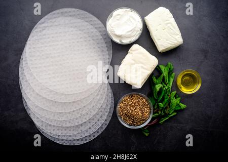 Ingrédients pour un hors-d'œuvre de cuisine fusion du Moyen-Orient : enveloppeurs de rouleaux de printemps, fromage halloumi et autres ingrédients sur fond sombre Banque D'Images