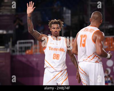 24 JUILLET 2021 - TOKYO, JAPON: Jessey VOORN des pays-Bas réagit pendant le jeu 3x3 Basketball pour hommes Pool Round entre les pays-Bas et le russe Banque D'Images