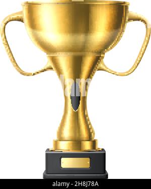 Golden Award avec plaque signalétique vide.Tasse à trophées brillante et réaliste Illustration de Vecteur