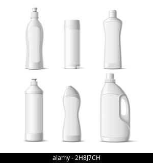 Flacons de détergent réalistes.Récipients isolés en plastique blanc pour produits chimiques domestiques, maquette d'emballage de produits de nettoyage, ensemble vectoriel Illustration de Vecteur