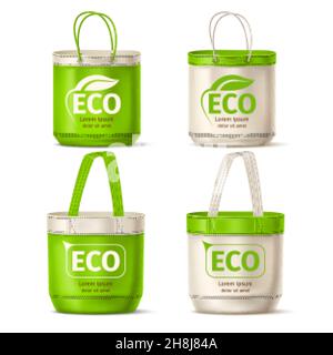 Des sacs d'achats écologiques réalistes.Objets en matériaux naturels recyclables, conception écologique, tissu en coton beige, protection de l'environnement, ensemble vectoriel Illustration de Vecteur