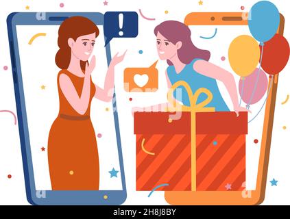 Cadeaux de personnes en ligne.Femme donne présent et communique par l'application d'écrans de téléphone, chat de vacances avec un ami, fête d'anniversaire, vecteur concept Illustration de Vecteur