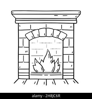 Foyer fait de briques isolées sur fond blanc.Élément intérieur pour plus de confort et de chaleur dans la maison.Illustration vectorielle dessinée à la main.Parfait pour les motifs de Noël et de vacances, les cartes, le logo Illustration de Vecteur