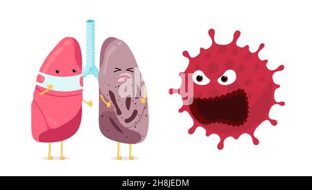 Un bon caractère pulmonaire portant un masque facial et des poumons malades malsains avec une infection à coronavirus.Organe interne du système respiratoire humain avec pneumonie.Le vaccin protège la maladie COVID-19 infectée.Vecteur Illustration de Vecteur