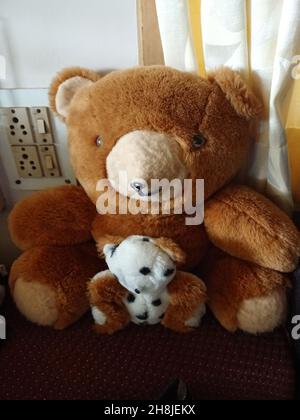 Gros plan de deux jouets en peluche d'ours de différentes tailles dans la chambre Banque D'Images