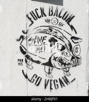 Échelle de gris de graffiti dessin sur un mur blanc avec texte GO VEGAN, défense végétarienne Banque D'Images