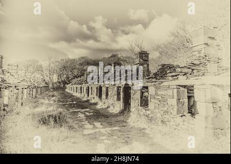 Il s'agit de quelques-unes des maisons de mineurs de la carrière d'ardoise Dinorwic abandonnée près du village gallois de Llanberis, dans le parc national de Snowdonia Banque D'Images