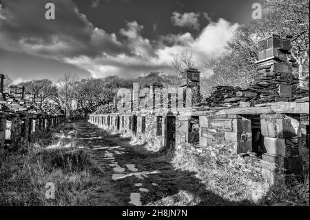 Il s'agit de quelques-unes des maisons de mineurs de la carrière d'ardoise Dinorwic abandonnée près du village gallois de Llanberis, dans le parc national de Snowdonia Banque D'Images