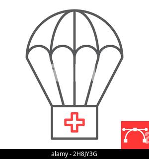 Parachute avec icône de la ligne du kit de premiers soins, boîte médicale et urgence, icône de vecteur d'aide humanitaire, graphiques vectoriels, signe de contour de trait modifiable, eps 10. Illustration de Vecteur