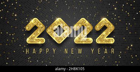 2022 bonne année de fond.Noël or métallique scintillant numéros 2022.En-tête de calendrier signe 3d réaliste.Banderole en toile à motif poster festif.Typographie de texte numérique doré Illustration de Vecteur