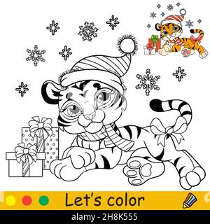 Page de coloriage avec un mignon petit tigre, des cadeaux de Noël et des flocons de neige.Personnage de dessin animé.Livre de coloriage avec exemple de couleur.Illustration du vecteur de contour Illustration de Vecteur