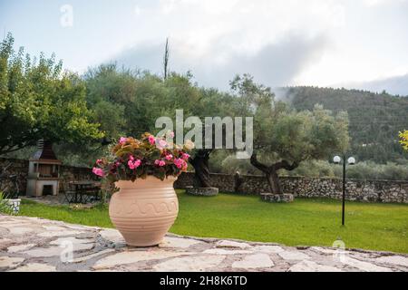 Grand vase avec fleurs roses en vert été grec traditionnel avec oliviers et collines nuageux.Détails de l'architecture des lieux de voyage d'été Banque D'Images