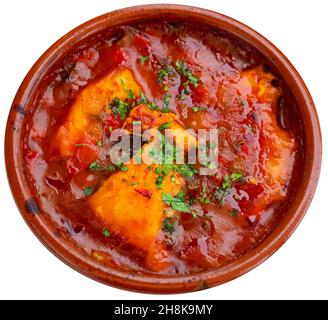 Morue frite avec légumes braisés, plat espagnol Banque D'Images