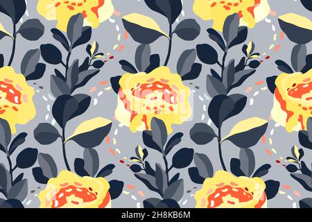 Motif Art floral vectoriel sans coutures.Fleurs jaunes, rouges, feuilles grises isolées sur fond gris clair. Illustration de Vecteur