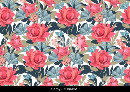 Motif fleuri vectoriel sans coutures.Fleurs de rose, feuilles, papillons Illustration de Vecteur