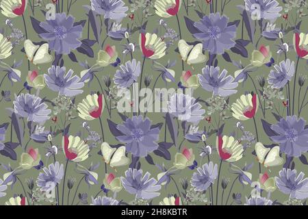 Motif fleuri vectoriel sans coutures.Fleurs d'été, feuilles bleues. Illustration de Vecteur