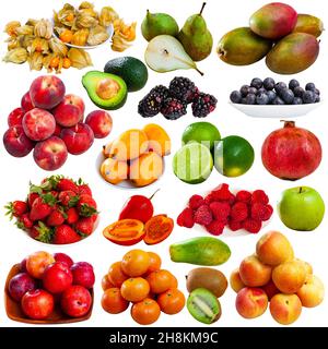 Beaucoup de différents types de fruits sur fond blanc Banque D'Images