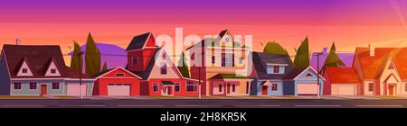 Maisons de banlieue au beau coucher de soleil paysage, rue suburbaine avec des cottages résidentiels, la campagne bâtiments de deux étages avec garages sous le ciel du soir crépuscule, façades de maison.Illustration vectorielle de dessin animé Illustration de Vecteur