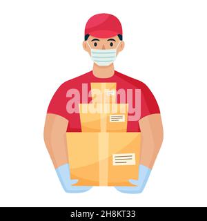 Homme d'accouchement avec boîte pendant la prévention du coronovirus, Covid-19.Coursier dans un masque facial avec de la nourriture.Livraison à domicile en toute sécurité.Vecto de style dessin animé plat Illustration de Vecteur