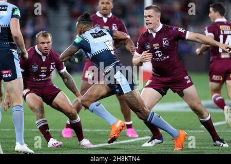 Josh Addo-Carr de la NSW Blues pendant le jeu une des 2020 séries State of Origin entre les Queensland Marons et la Nouvelle-Galles du Sud Blues Credit: Peter Mundy/Speed Media/Alamy Live News Banque D'Images