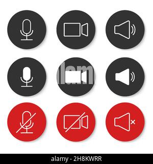 Icônes relatives aux haut-parleurs, au micro et à la caméra vidéo.Icônes de base pour la visioconférence, le webinaire et le chat vidéo. Illustration de Vecteur
