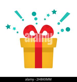 Cadeau délice, coffret cadeau jaune surprise, fête d'anniversaire, forfait cadeau spécial, récompense du programme de fidélité, cadeau émerveillé avec point d'exclamation, Illustration de Vecteur