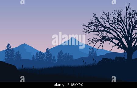 Incroyable panorama de montagne de la banlieue au crépuscule avec les silhouettes d'arbres secs autour.Illustration vectorielle d'une ville Illustration de Vecteur