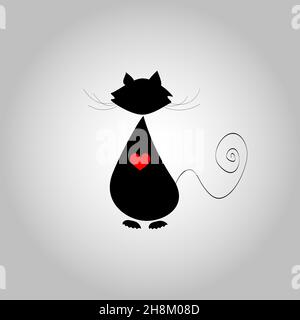 Chat noir avec un coeur rouge.Conception plate Illustration de Vecteur