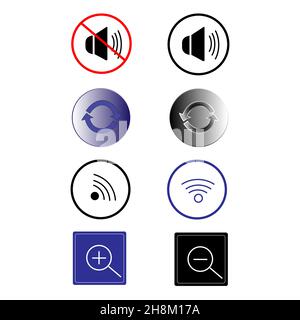 Icônes de contrôle du volume, signes wi-fi, icônes d'augmentation et de diminution de la loupe. Illustration de Vecteur