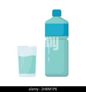 Bouteille d'eau avec verre isolé sur fond blanc. Illustration de Vecteur
