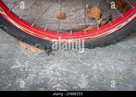 Gros plan d'un pneu de vélo plat vieux et rouille sur fond de ciment Banque D'Images