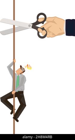 Homme d'affaires grimpant sur la corde tandis qu'une main géante avec des ciseaux coupant la corde.Concept de sabotage.Illustration du vecteur de concept métier. Illustration de Vecteur